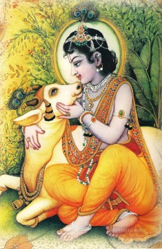 Krishna with cow Oil Paintings